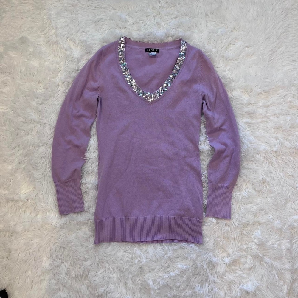 Y2K Lavender Purple Sequin Trim V Neck‎ Long Sleeve Sweater Small